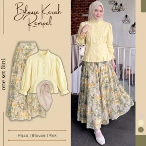 One Set Wanita Kekinian Outfit Hijab Rok Floral