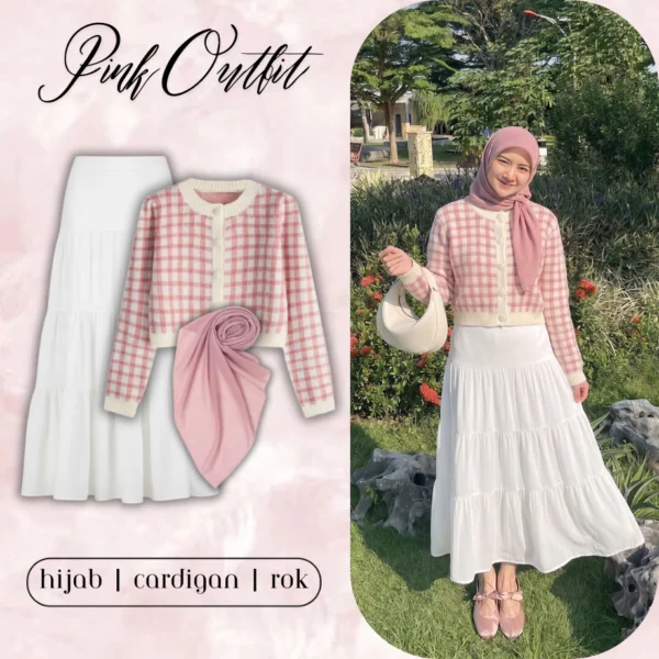 Setelan Wanita SW020 – One Set Hijab Cardigan Rajut & Rok Susun Premium ✨